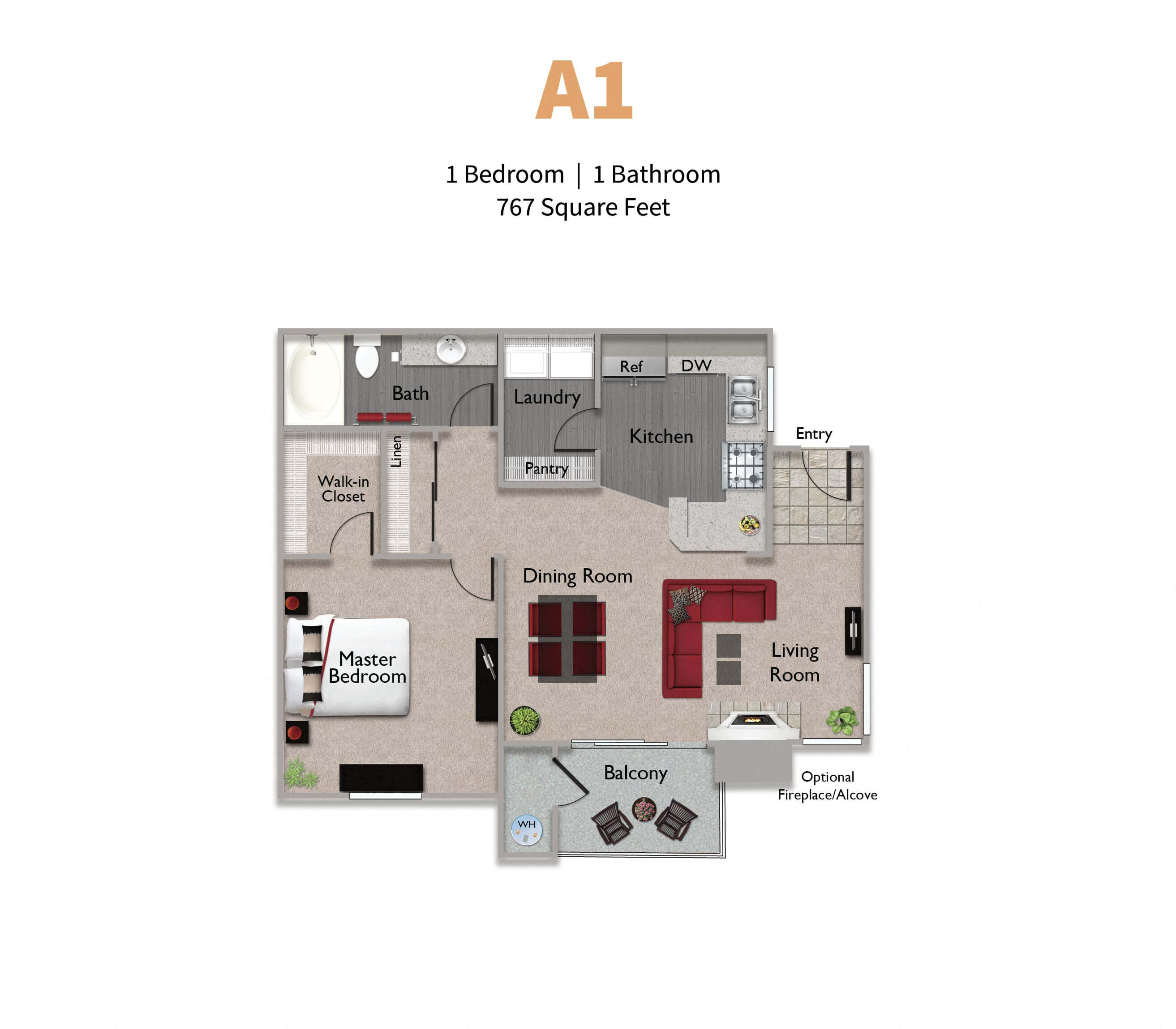 1 Bed 1 Bath 1x1 Floor Plan at Somerfield at Lakeside Apartments, Elk Grove, CA, 95758